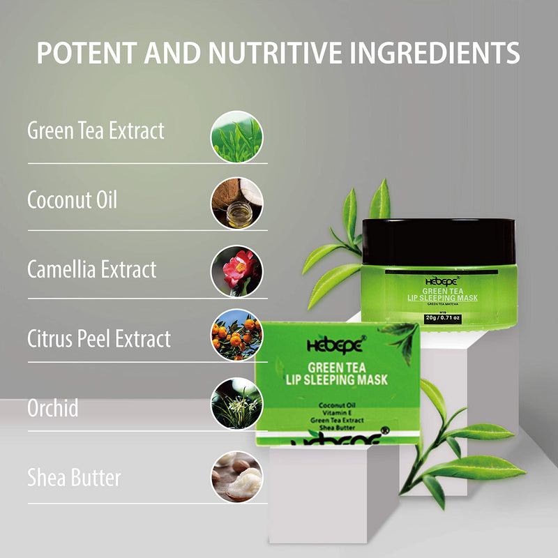 Hebepe Green Tea Matcha Lip Sleeping Mask Overnight with Applicator, Dry Lips Treatment with Coconut Oil, Vitamin E, Fig Extract, Orchid, and Shea Butter, Moisturizer for Dry, Chapped, Cracked Lips Hebepe