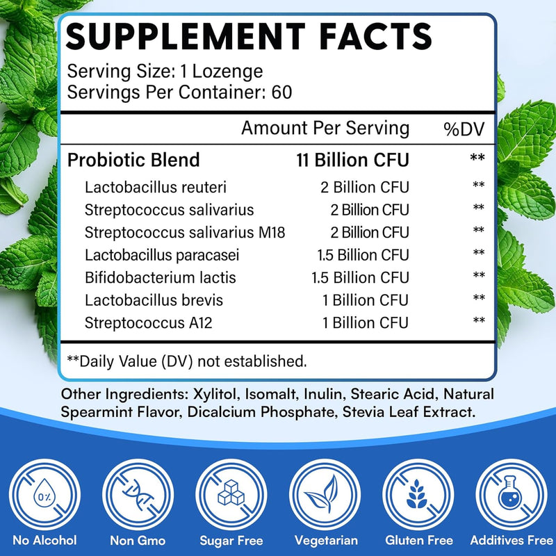 Oral Probiotics, 11 Billion CFU, with M18, A12, Oral Probiotics for Mouth Bad Breath for adults, Dry Mouth, Gum Health & Gum Restore, Chronic Halitosis, Fresh Breath, 60 Lozenges (Mint Flavor) Infinity Warehouse