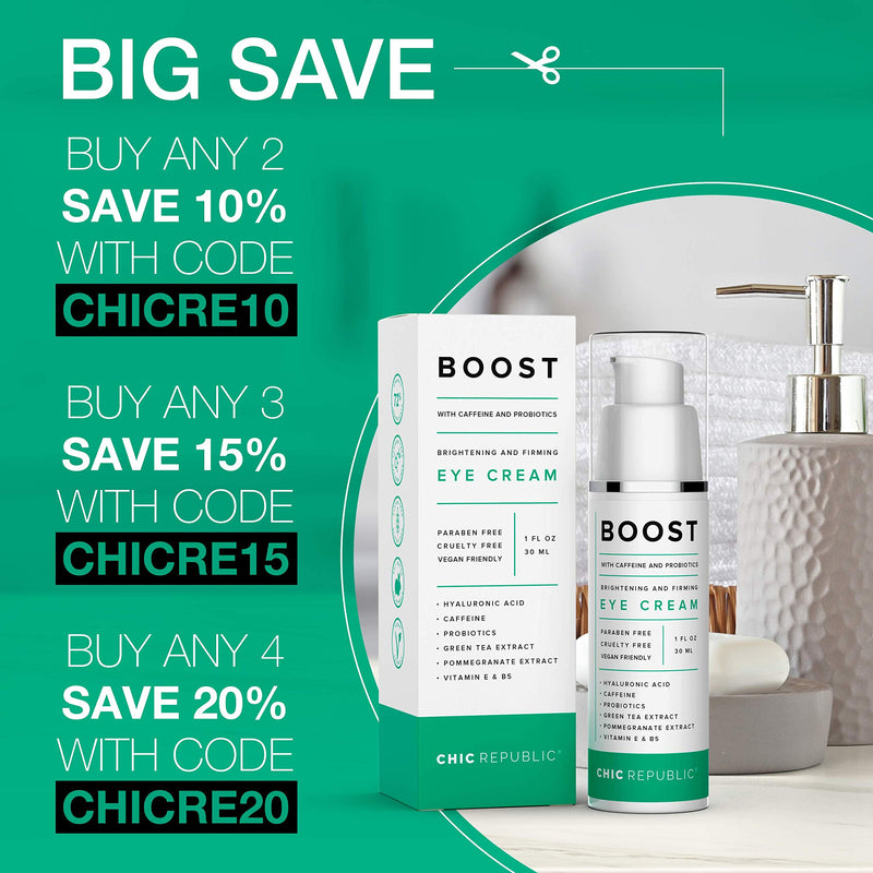 Caffeine Eye Cream - Organic Eye Cream for Dark Circles and Puffiness - Hyaluronic and Kojic Acid, Probiotics, Vitamins E B5 - Hydrating Eye Cream - Coffee Bean Under Eye Cream Dark Eye Circle CHIC REPUBLIC