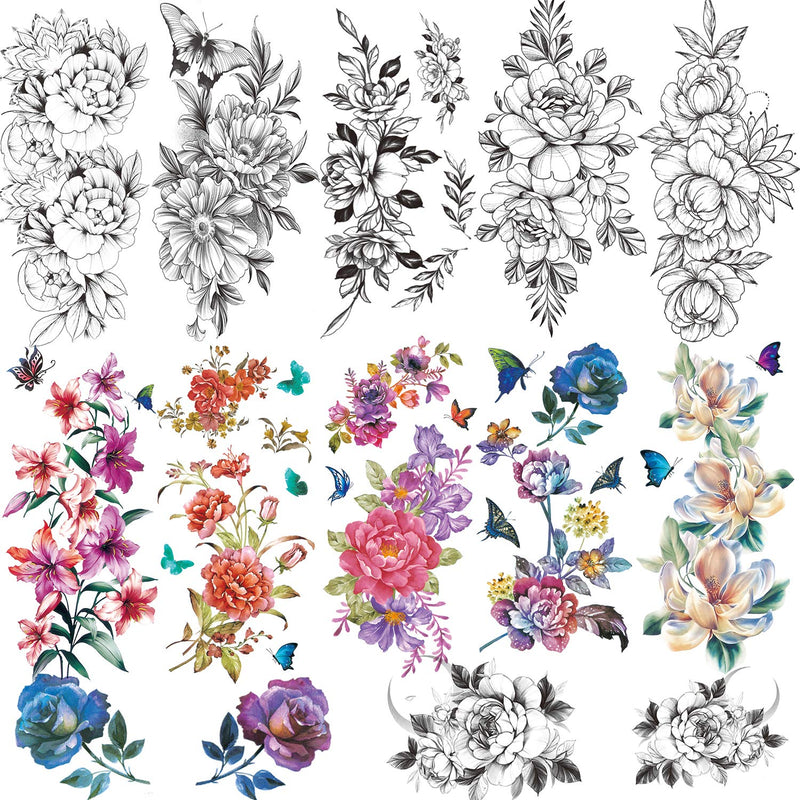 12 Sheets Large Flowers Temporary Tattoos for Women, Waterproof Fake Tattoos Rose Peony Body Art Arm Tattoo Stickers for Women, Girls Jeefonna