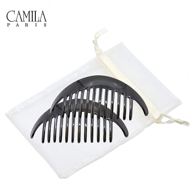 Camila Paris CP2872/2 Black Large Interlocking Combs Set of 2 French Hair Side Combs, Flexible Durable Strong Hold Hair Clips for Women, No Slip Styling Girls Hair Accessories, Made in France Camila