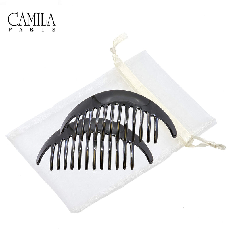 Camila Paris CP2872/2 Black Large Interlocking Combs Set of 2 French Hair Side Combs, Flexible Durable Strong Hold Hair Clips for Women, No Slip Styling Girls Hair Accessories, Made in France Camila