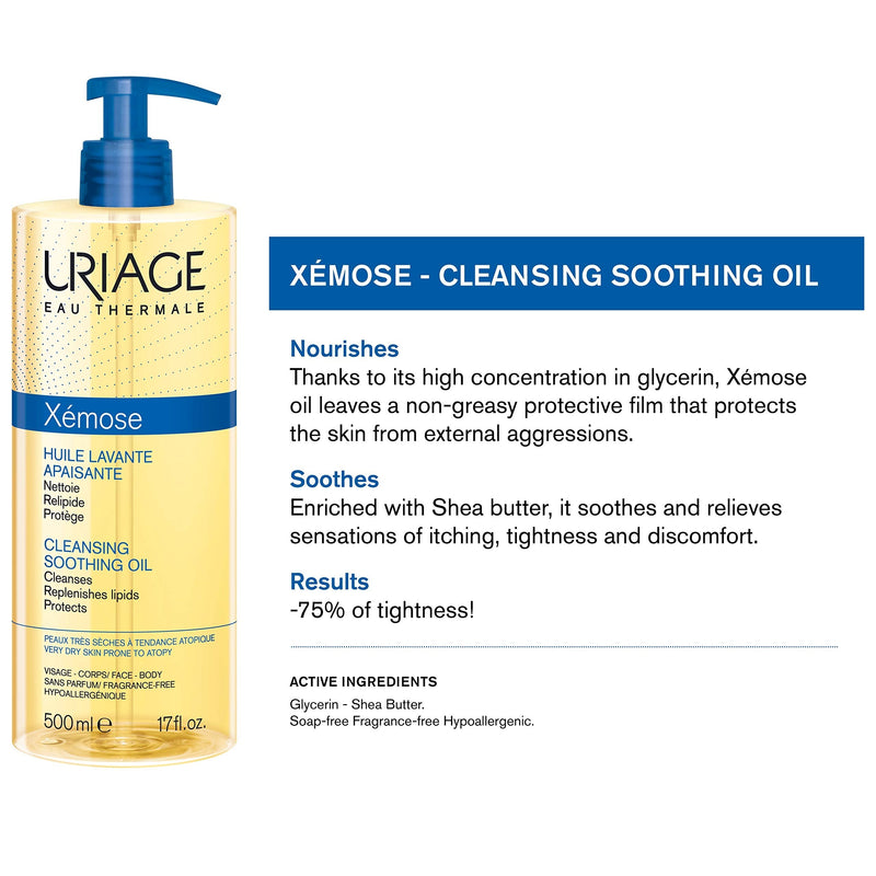 URIAGE Xemose Cleansing Soothing Oil 17 fl.oz. | Face and Body Cleanser that brings Instant and Long-Lasting Comfort to Dry to Very Dry Skin and Soothes Itching Sensations | Soap-free, Fragrance-Free Uriage