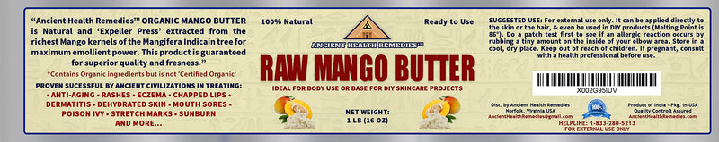 Organic Unrefined Raw MANGO BUTTER JAR/BLOCKS Bulk, Light Mango Aroma, Non-Greasy Base for Beauty, Skin Moisturizing, DIY Base for Body Butter & Hand Creams (1 LB) ANCIENT HEALTH REMEDIES