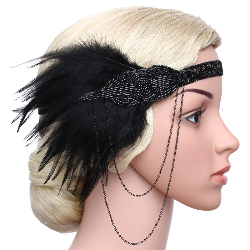 BABEYOND 1920s Flapper Headband Roaring 20s Great Gatsby Headpiece Beaded Black Feather Headband 1920s Flapper Gatsby Hair Accessories BABEYOND