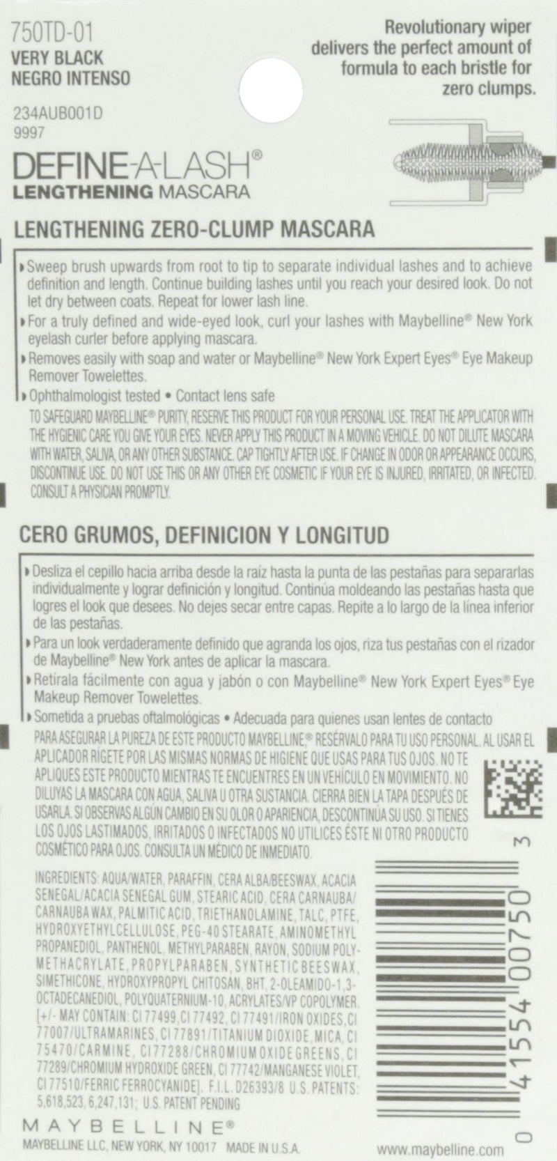 Maybelline New York Define-A-Lash Lengthening Washable Mascara, Very Black. For Washable Definition and Shape in Longer-looking Lashes , 0.22 Fluid Ounce Maybelline New York