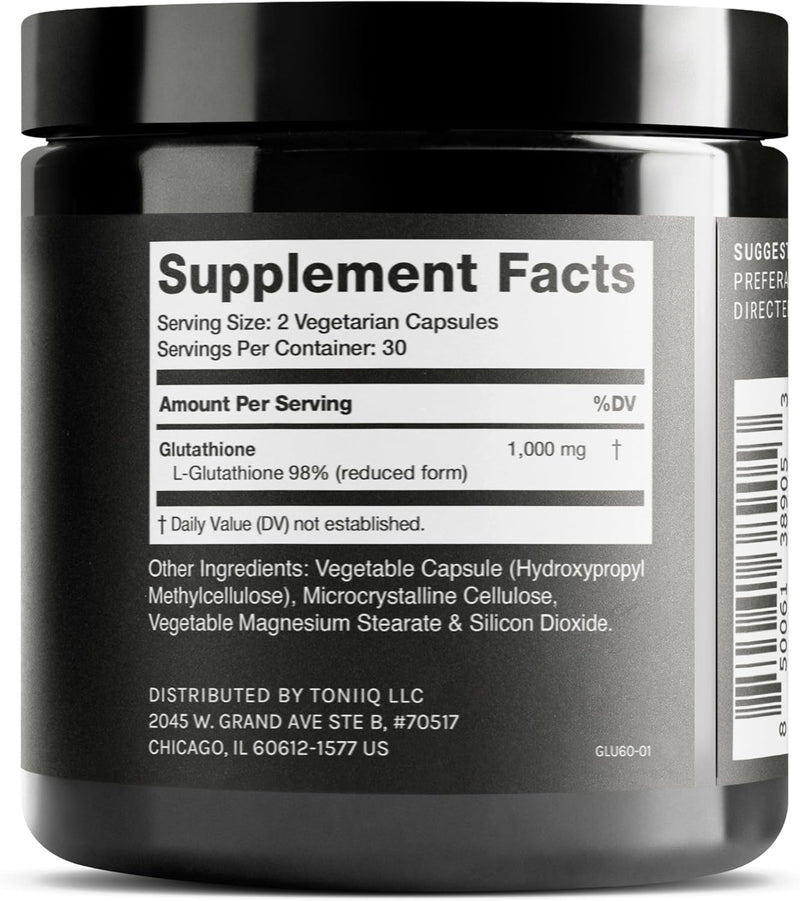 Toniiq Ultra High Strength Glutathione Capsules - 1000mg Concentrated Formula - 98%+ Highly Purified and Bioavailable - Non-GMO Fermentation - 60 Capsules Reduced Glutathione Supplement Infinity Warehouse