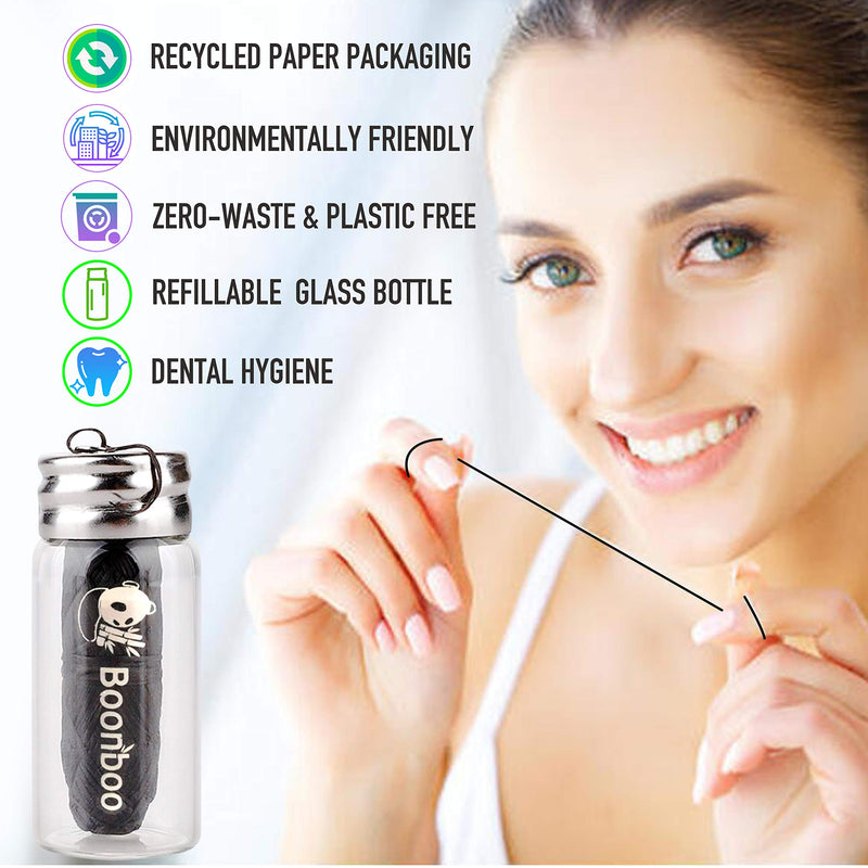 Boonboo Dental Floss | 100FT Bamboo Fiber & Mint Flavor | Glass Bottle & Cutting Lid | Biodegradable & Sustainable | Plastic- Free Synergy Products
