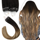 Ugeat 24 Inch Micro Beads Hair Extensions Human Hair Natural Real Hair Extensions 50G Cold Fusion Ring Loop Hair Extensions Dark Brown #2 Mixed with #6 Highlight with #12 1G/1Strands