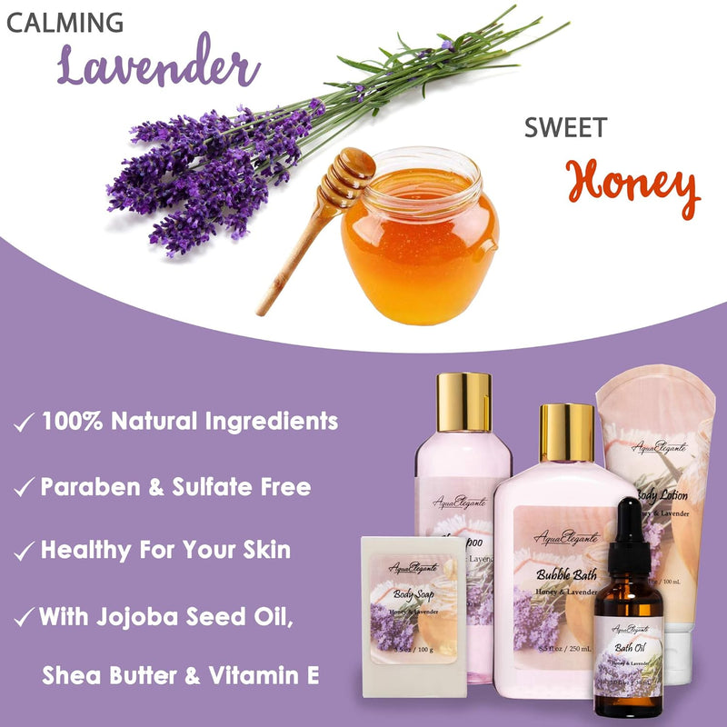 Spa Baskets For Women - Luxury Bath Set With Honey & Lavender - Spa Kit Includes Wash, Bubble Bath, Lotion, Bath Salts, Body Scrub, Body Spray, Shower Puff, Bathbombs, Soap and Towel