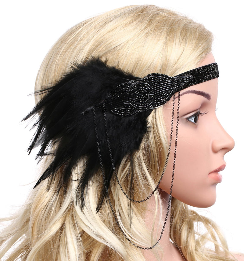 BABEYOND 1920s Flapper Headband Roaring 20s Great Gatsby Headpiece Beaded Black Feather Headband 1920s Flapper Gatsby Hair Accessories BABEYOND