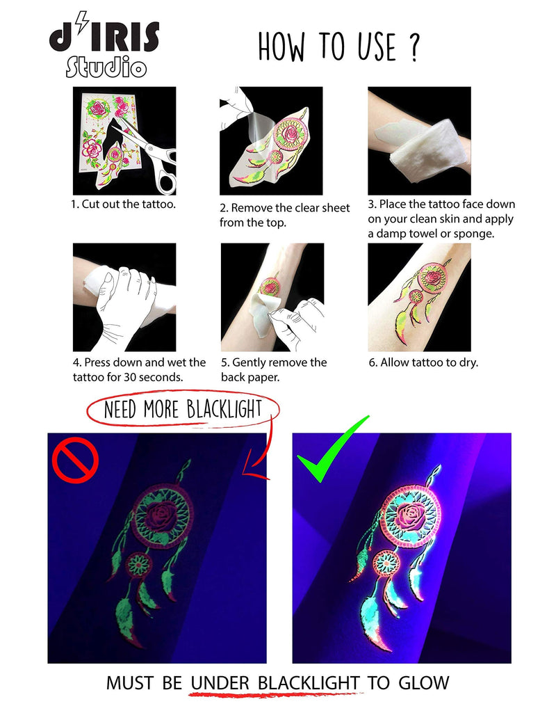 Temporary Tattoos – 1 Sheet Unicorns Design Body Paint Art Blacklight Reactive Light Festival Accessories Glow in the Dark Party Supplies | 7.2” x 5.2” Temp Great for EDM EDC Party Unicorn Rave Parties d'IRIS studio