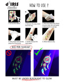 Temporary Tattoos – 1 Sheet Alien UFO Design Body Art Blacklight Reactive Light Festival Accessories Glow in the Dark Party Supplies | 7.2” x 5.2” Temp Tattoos Great for EDM EDC Party Rave Parties d'IRIS studio