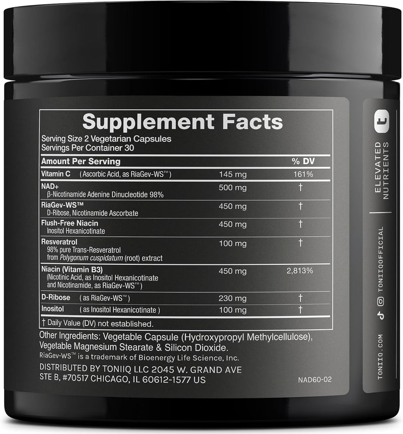 Toniiq NAD+ Supplement 1500mg - Ultra High Strength NAD Supplement with Clinically Studied Ingredients with Patented RiaGev-WS™, Resveratrol, and Niacin - 60 Capsules Infinity Warehouse
