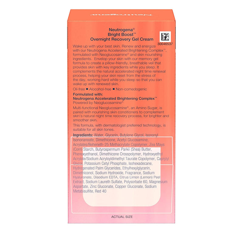 Neutrogena Bright Boost Overnight Recovery Gel Cream with Neoglucosamine, Brightening Nighttime Moisturizer, Oil-Free & Non-Comedogenic, 1.7 oz Neutrogena