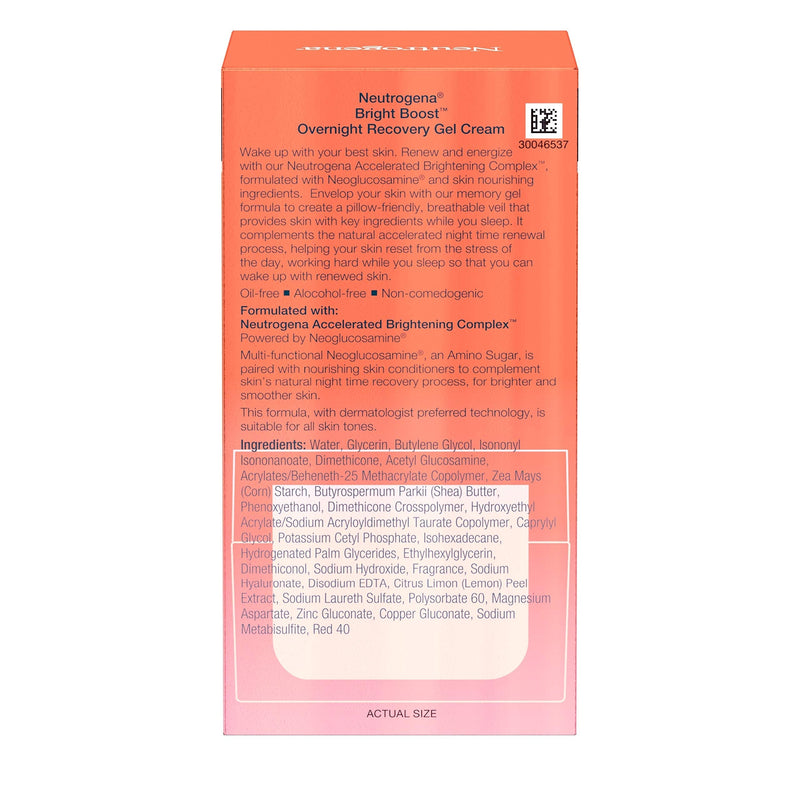 Neutrogena Bright Boost Overnight Recovery Gel Cream with Neoglucosamine, Brightening Nighttime Moisturizer, Oil-Free & Non-Comedogenic, 1.7 oz Neutrogena