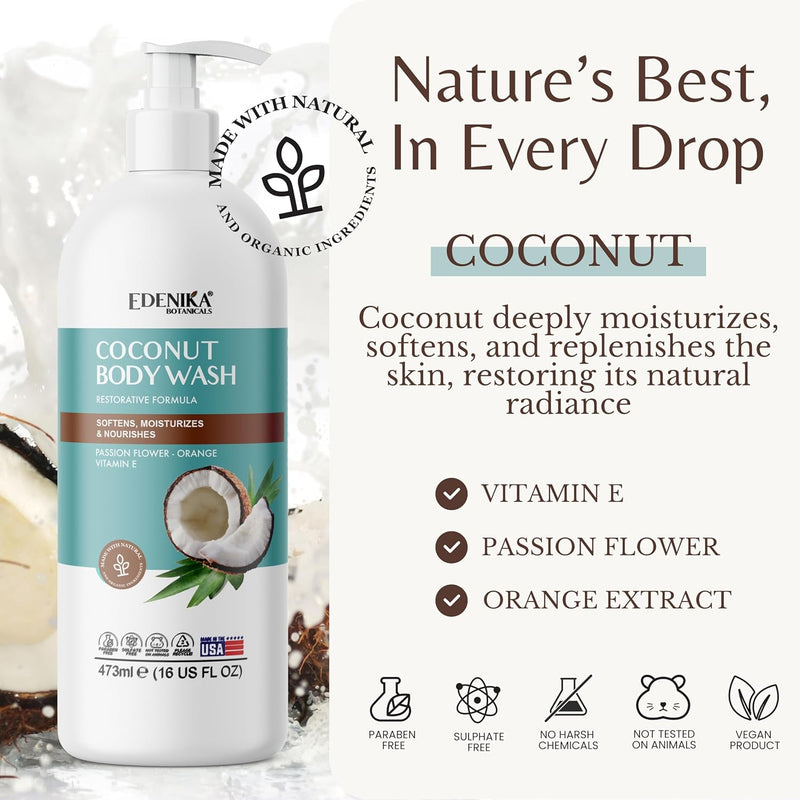 Coconut Body Wash, Cleans, Softens & Nourishes, Ultra Moisturizing Shower Gel for Dry and Sensitive Skin, Women & Men, Organic & Natural, 16 fl oz, 2-Pack Infinity Warehouse