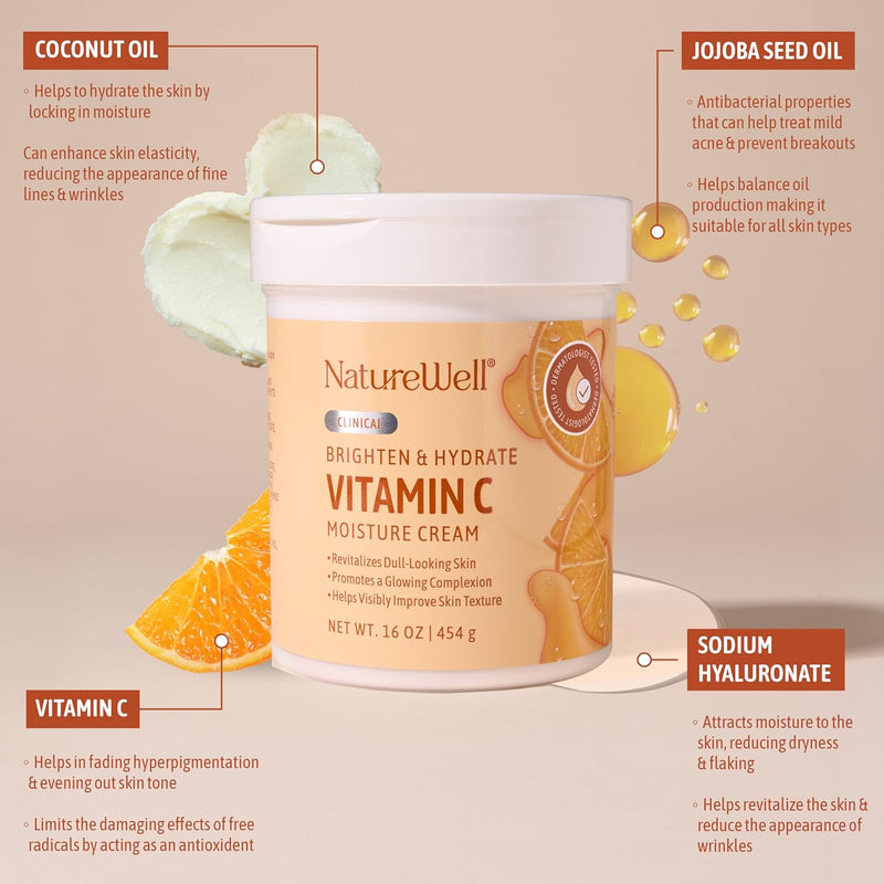 NATURE WELL Clinical Brighten & Hydrate Vitamin C Moisture Cream Skincare for Face, Body & Hands, Revitalizes Dull-Looking Skin, Promotes A Glowing Complexion, Helps Visibly Improve Skin Texture, 16oz Infinity Warehouse