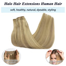 GOO GOO Halo Hair Extensions Light Blonde Highlighted Golden Blonde Remy Human Hair Extensions 20 Inch 100g Natural Hairpiece Hidden Crown Human Hair Extensions with Invisible Fish Line GOO GOO Store