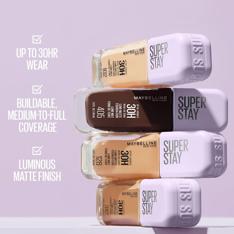 Maybelline Super Stay Lumi-Matte Foundation, Lightweight and Buildable Full Coverage Foundation Makeup For Up To 30HR Wear, 102, 1 Count - Infinity Warehouse