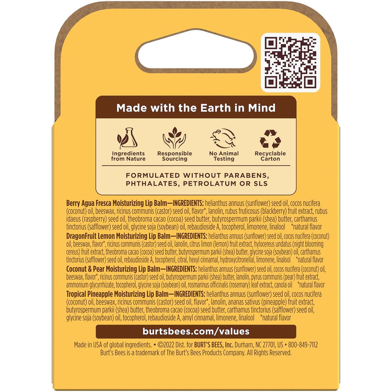 Burt's Bees Lip Balm - Berry Agua Fresca, Dragonfruit Lemon, Coconut & Pear, Tropical Pineapple Pack, With Beeswax, Tint-Free, Natural Origin Lip Treatment, 4 Tubes, 0.15 oz. Infinity Warehouse