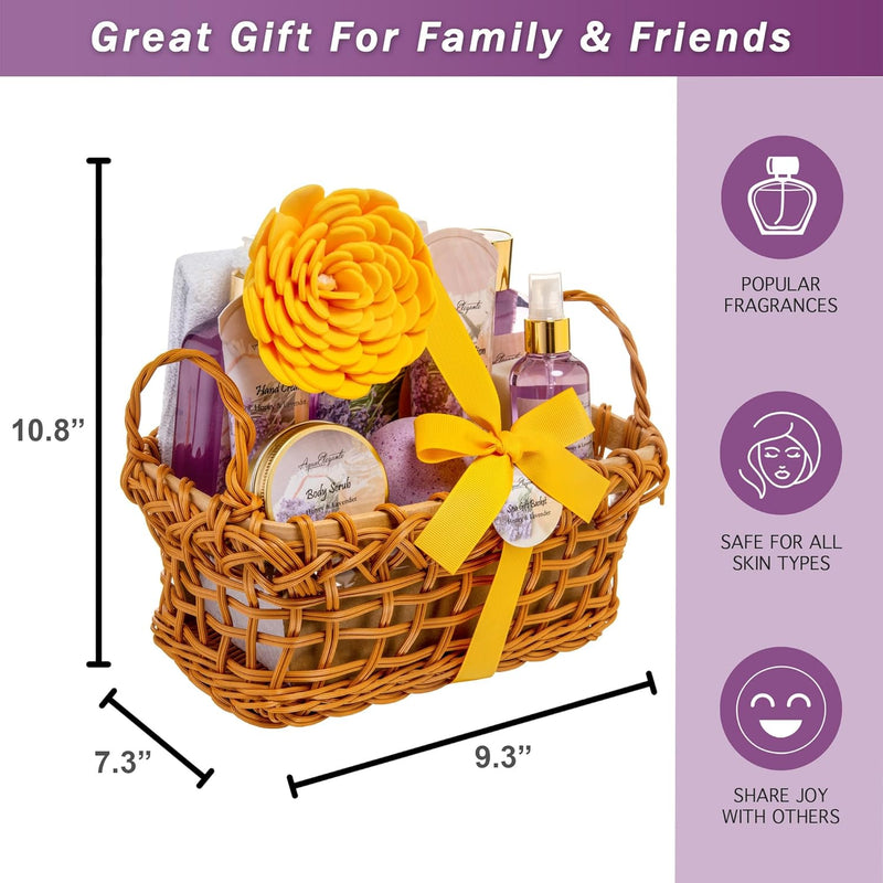 Spa Baskets For Women - Luxury Bath Set With Honey & Lavender - Spa Kit Includes Wash, Bubble Bath, Lotion, Bath Salts, Body Scrub, Body Spray, Shower Puff, Bathbombs, Soap and Towel