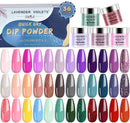Lavender Violets Quick Drying Dipping Powder Bundle Set of 36 Colors Pale Purple, Orchid, Nude, Pink, Navy Blue and Christmas Colors with Base coat, Top coat, Activator, and Brush Saver Lavender Violets