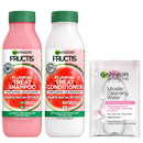 Garnier Fructis Plumping Treat Shampoo and Conditioner, 98 Percent Naturally Derived Ingredients, Watermelon, Plump Flat Hair, 11.8 oz ea, w/Micellar Sample (Packaging May Vary) Garnier Store
