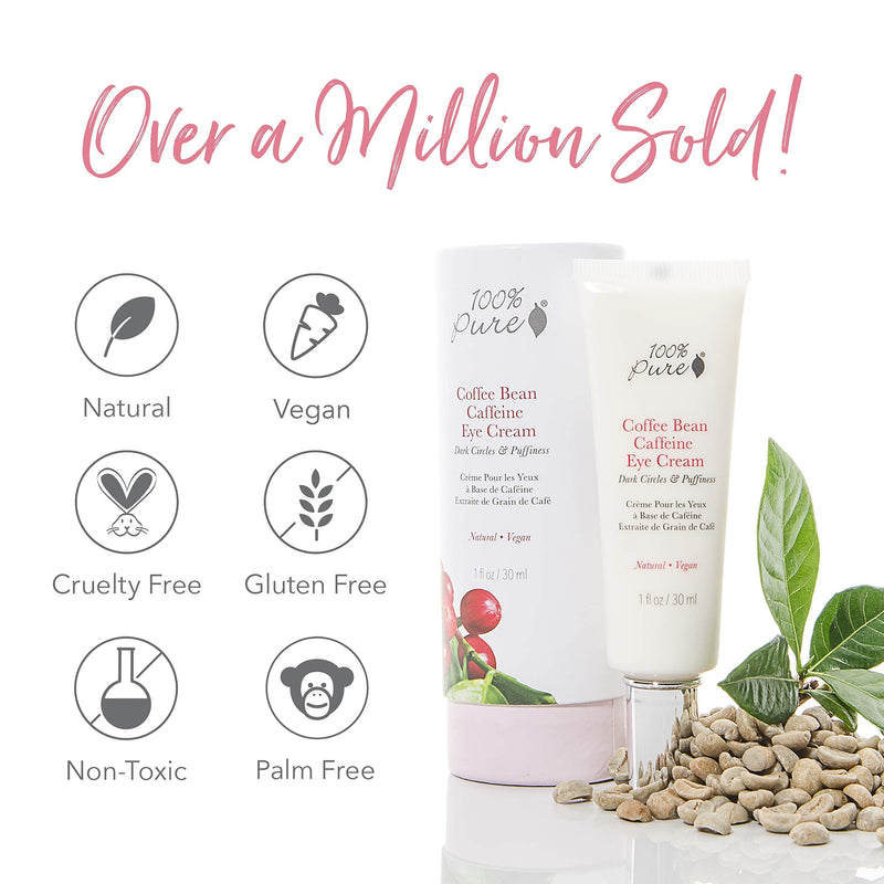100% Pure Coffee Bean Caffeine Eye Cream Refresh & Hydrate Under Eye Treatment Reduce Puffiness, Dark Circles, Wrinkles with Green Tea, Rose Hip, Vitamin E - Youthful Vibrant Eyes - Vegan - 1 oz 100% PURE