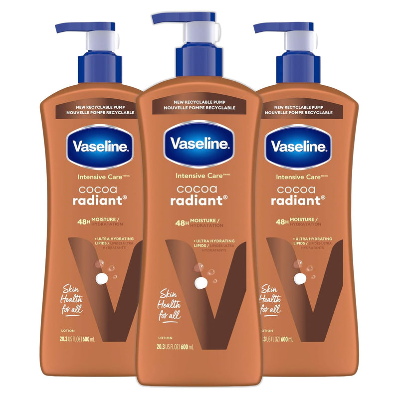 Vaseline Intensive Care Body Lotion Cocoa Radiant 3 count for Dry Skin Lotion Made with Ultra-Hydrating Lipids and Pure Cocoa Butter for a Long-Lasting, Radiant Glow 20.3 Oz Infinity Warehouse