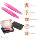 Tweezty Tweezer Set for Travel - Mini Slant Tweezers and Precision Tweezers - Tweezers for Eyebrows and Tweezers for Ingrown Hair - Pink Tweezers Kit with Travel Case TWEEZTY