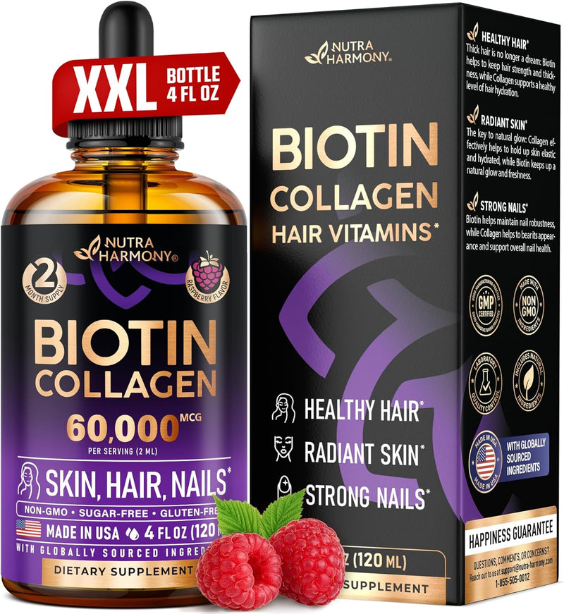 Liquid Biotin & Collagen - Vitamins for Hair Growth Support for Women & Men - Extra Strength 60000 mcg Drops - B7 Supplement - Strong Nails & Healthy Skin - 98% Faster Absorption Than Pills Infinity Warehouse