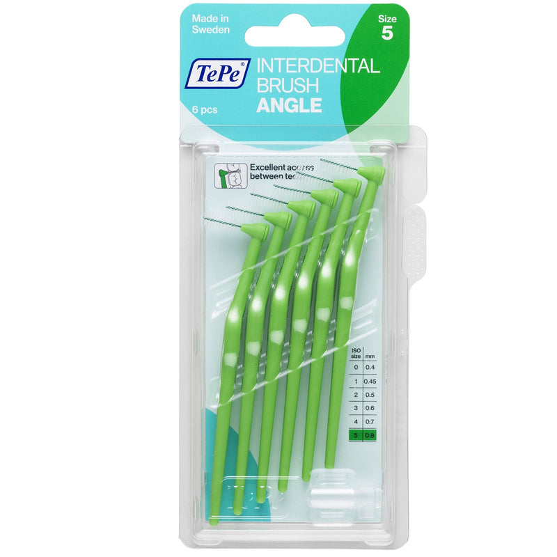 TEPE Angle Interdental Brushes, Dental Brushes for Between Teeth and Gums, Brush Micro Tight Cleaner, Plaque Removal, 0.8 mm, 6 Pk, Green TEPE
