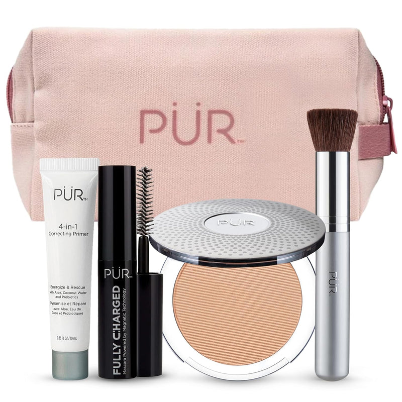 PÜR Minerals Multitasking Essentials Kit - Makeup Gift Set Includes 4-in-1 Correcting Primer, Fully Charged Mascara, 4-in-1 Pressed Mineral Powder & 1 Chisel Brush Infinity Warehouse