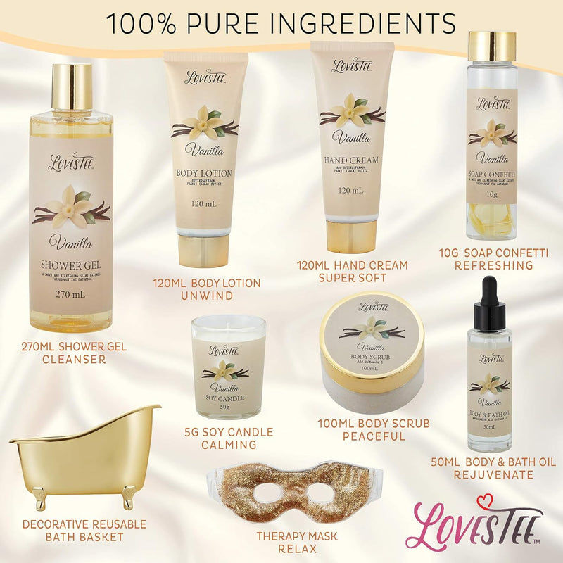 Valentines Day Spa Gift Basket for Women, Vanilla Bath & Body Set, Christmas & Birthday Gift, Includes Shower Gel, Body Lotion, Hand Cream, Body Scrub, Message Oil, Candle, Eye Mask, Confetti