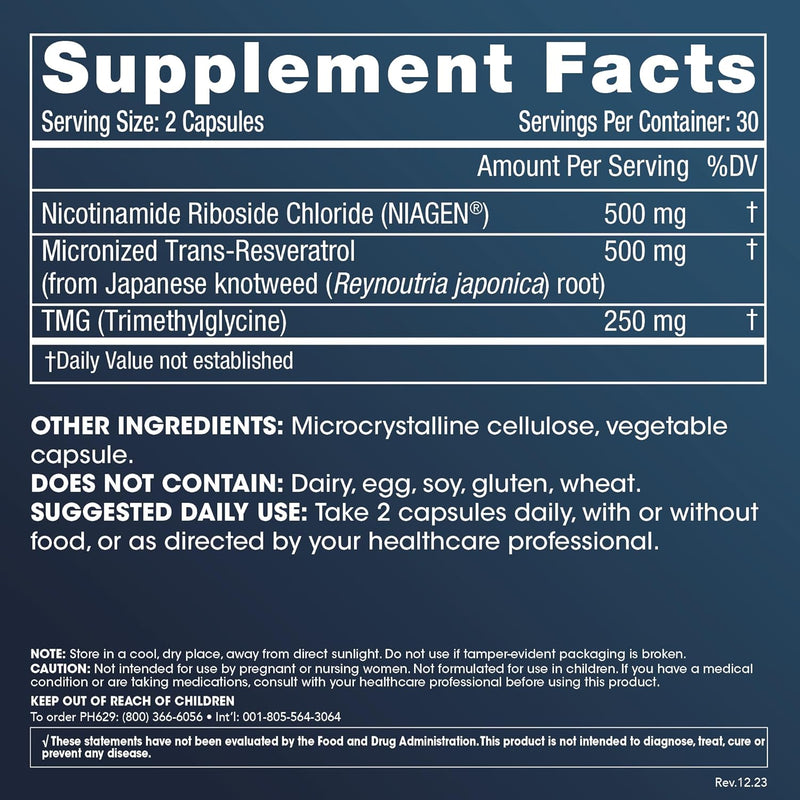ProHealth Nicotinamide Riboside Pro Complete NAD+ Supplement. 500mg Patented Niagen NR (The Active Ingredient in NMN), Plus 250mg TMG, Plus 500mg Trans-Resveratrol. Equal to 690mg of NMN. 30 Servings Infinity Warehouse