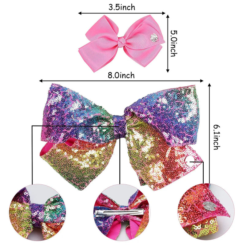 PANTIDE 8Pcs JOJO Bow Hair Clips- 8 Inch Large Sparkly Glitter Sequin Hair Bows and 5 Inch Rainbow Unicorn Grosgrain Ribbon Hair Bows, Alligator Hair Clips Hair Barrettes Accessories with Gift Bag PANTIDE Store