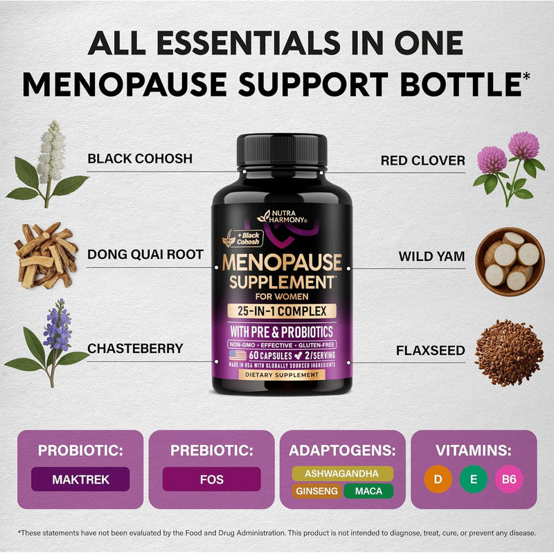 Menopause Supplements for Women - Dong Quai, Black Cohosh, Pre & Probiotics - Sweats & Hot Flashes Relief - Digestion, Sleep & Mood Support - 25-in-1 Perimenopause Complex - Made in USA - 60 Capsules Infinity Warehouse