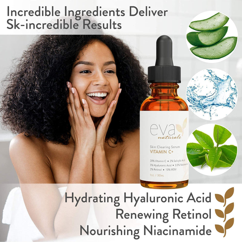 Eva Naturals Rewind Time Bundle - Vitamin C Plus Serum (1oz), Eye Gel (2oz), Stop the Clock Moisturizing Cream (1.7oz), Glycolic Acid Cleanser (6oz), All-in-One Skin Renewing Facial Toner (4oz) Eva Naturals