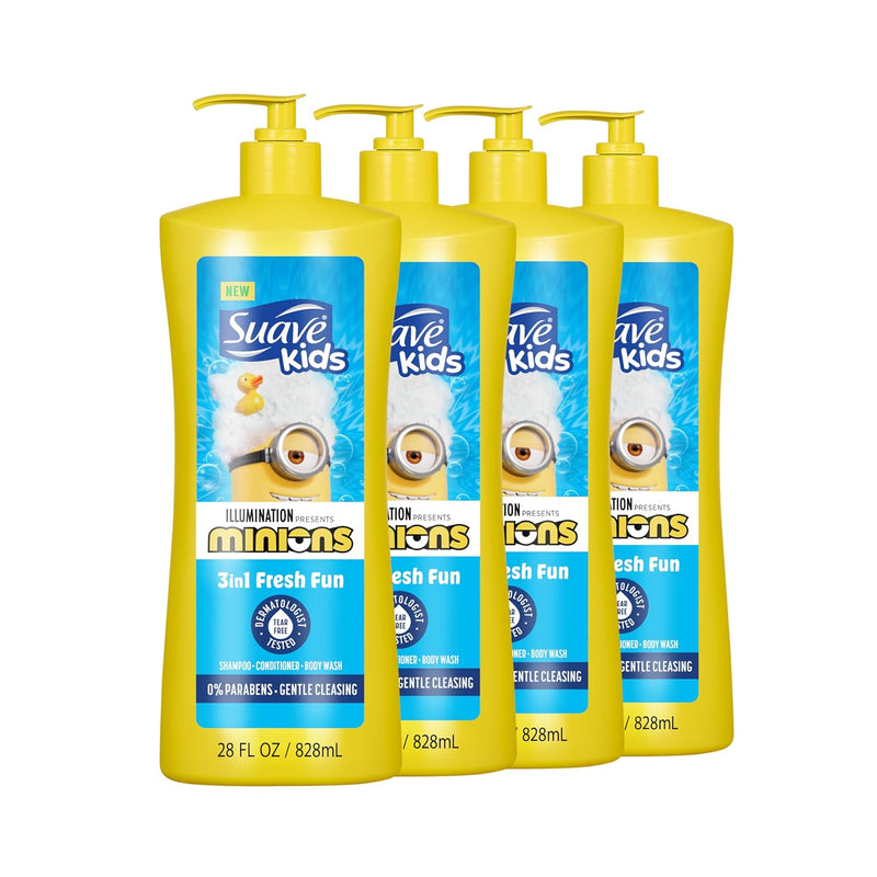 Suave Kids Minions 3-In-1 Shampoo, Conditioner, and Body Wash, For Tear-Free and Gentle Cleansing, 28 oz(Pack of 4) Infinity Warehouse