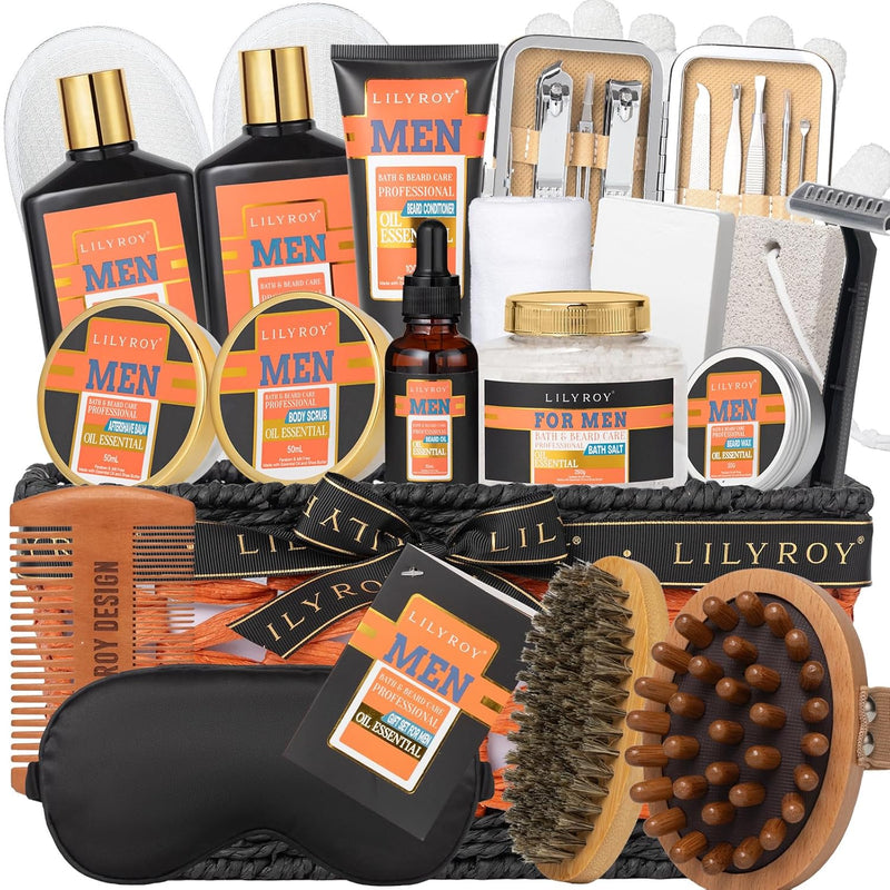 Father's Day Spa Gift Set for Men - Luxury 30-Piece Sandalwood Bath & Beard Gift Set for Men, Bath & Body Care Kit for Him with Beard Wax | Christmas, Valentine's Day, Birthday, Gift for Father Dad Infinity Warehouse