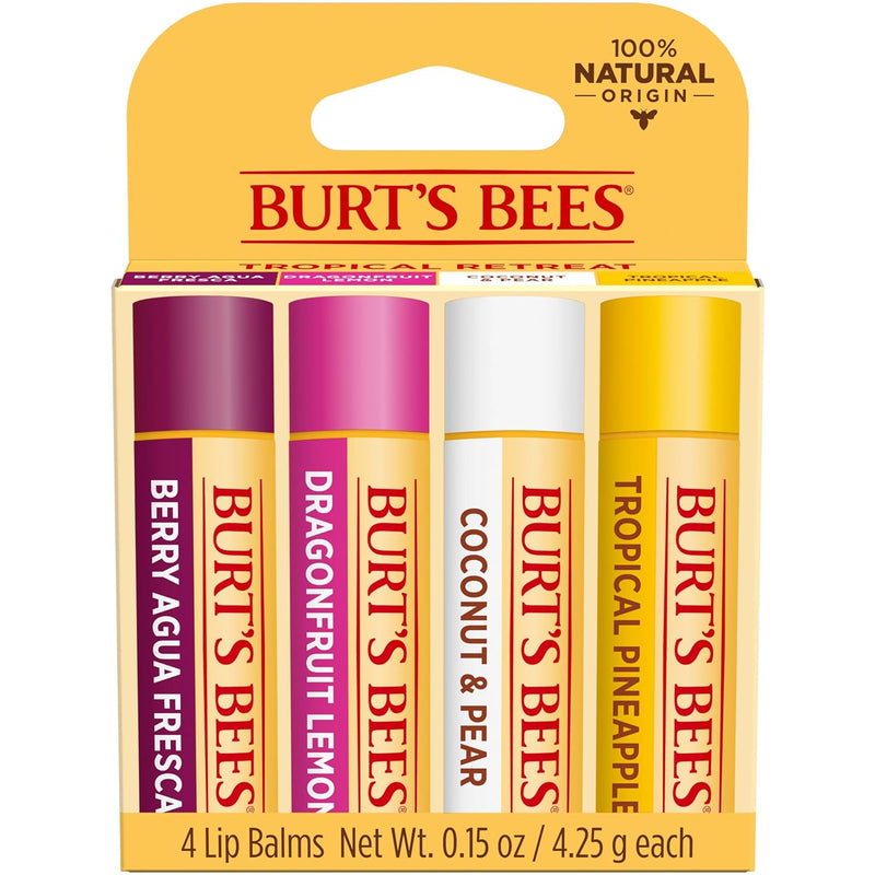 Burt's Bees Lip Balm - Berry Agua Fresca, Dragonfruit Lemon, Coconut & Pear, Tropical Pineapple Pack, With Beeswax, Tint-Free, Natural Origin Lip Treatment, 4 Tubes, 0.15 oz. Infinity Warehouse