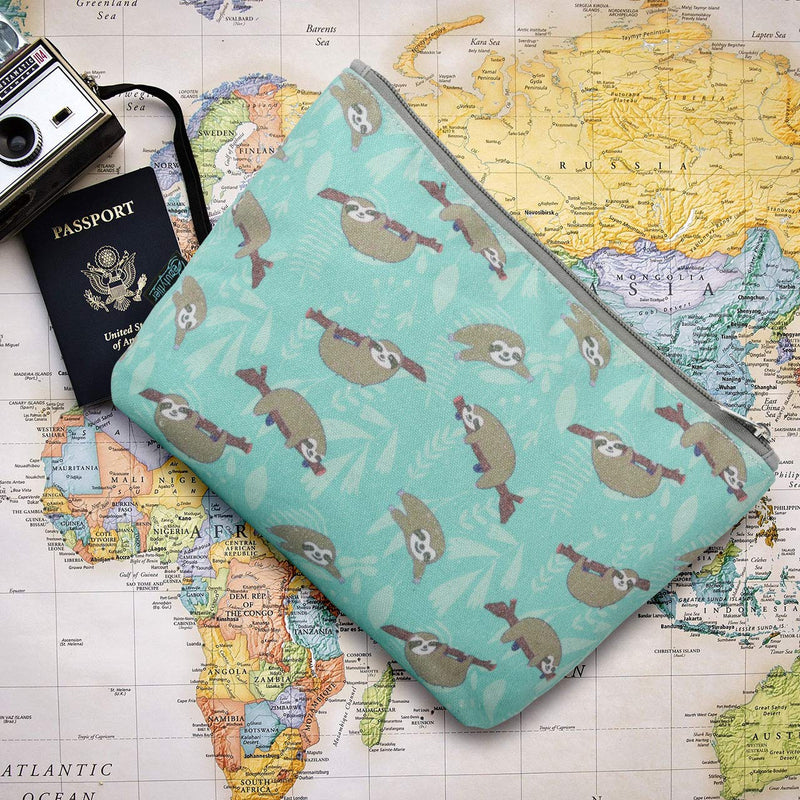 Beautyflier Cosmetic Bag for Women, Cute Makeup Bags Canvas Travel Toiletry Bag Accessories Purse Organizer (Large, Sloth) Beautyflier
