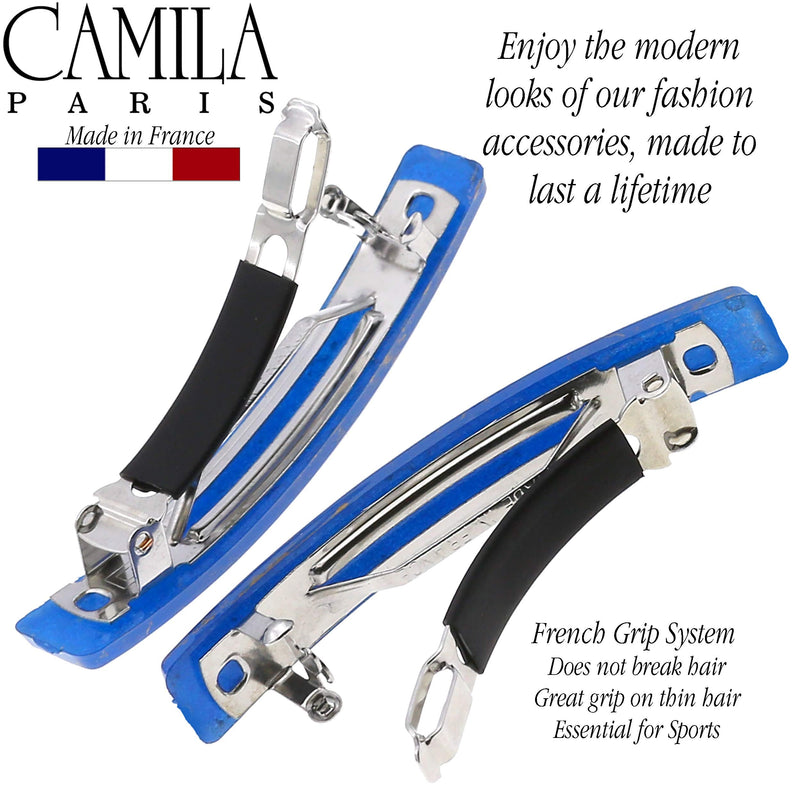 Camila Paris CP3042 French Hair Barrette Clip for Girls, Set of 2 Blue Rubberized Metal Clasp Strong Hold Grip Hair Clips for Women, No Slip Durable Styling Girls Hair Accessories, Made in France Camila