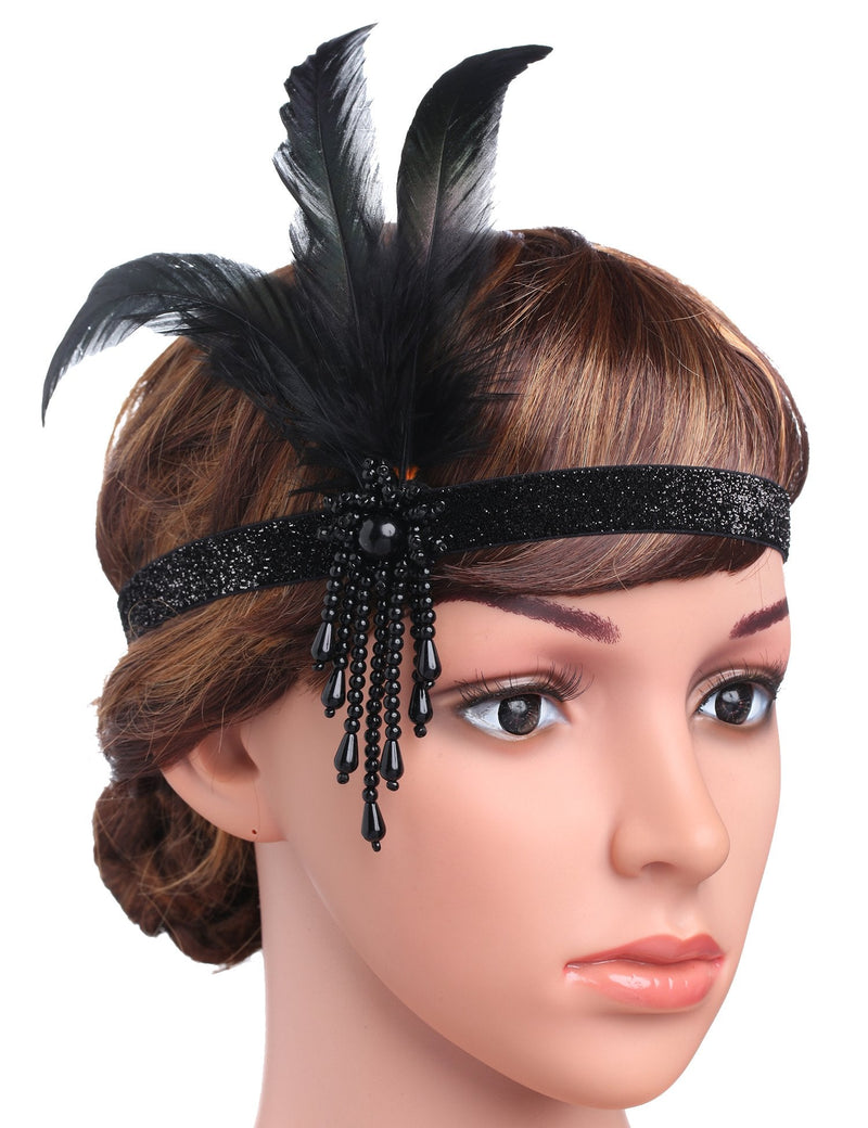 BABEYOND 1920s Flapper Headpiece Roaring 20s Great Gatsby Headband Black Feather Headband 1920s Flapper Gatsby Hair Accessories (Black) BABEYOND