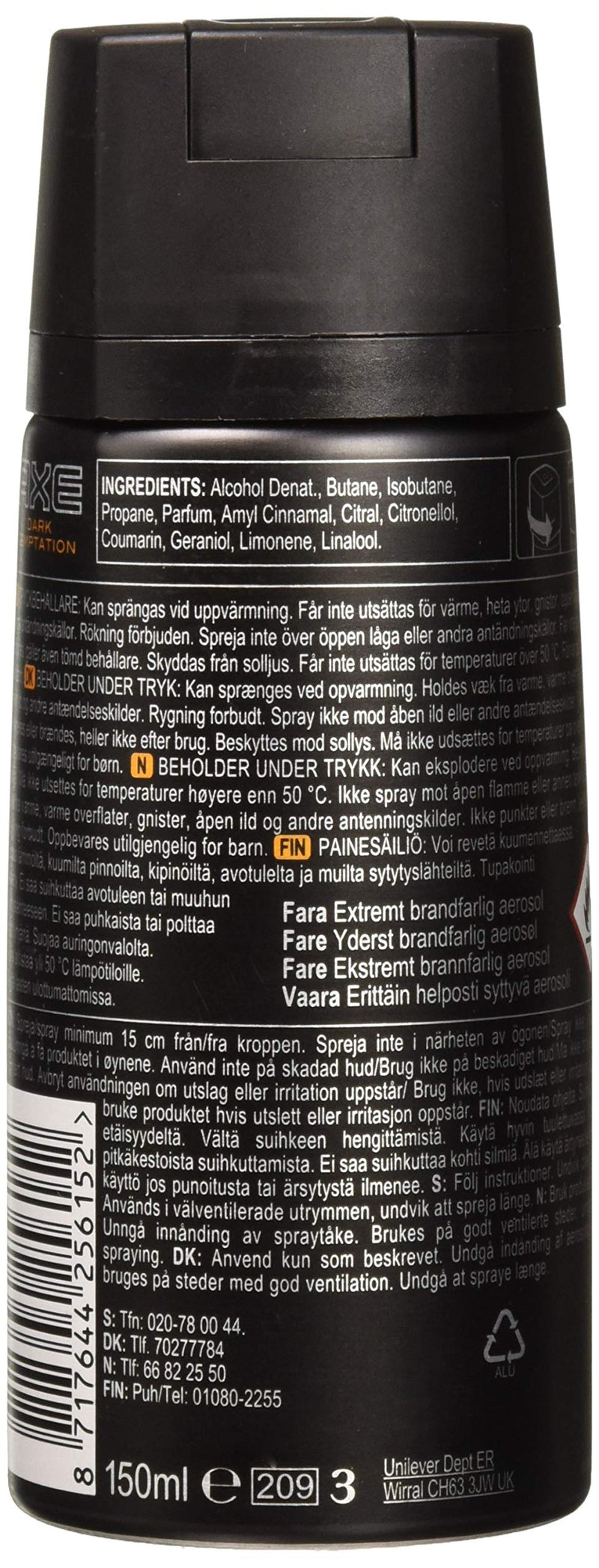 AXE Body Spray Dark Temptation, International Version, 150 Ml (Pack of 6) AXE