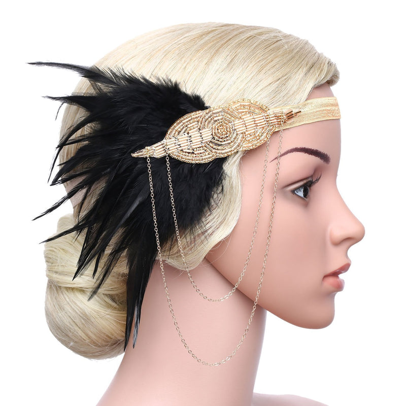 BABEYOND 1920s Flapper Headband Roaring 20s Great Gatsby Headpiece Beaded Black Feather Headband 1920s Flapper Gatsby Hair Accessories (Champagne) BABEYOND