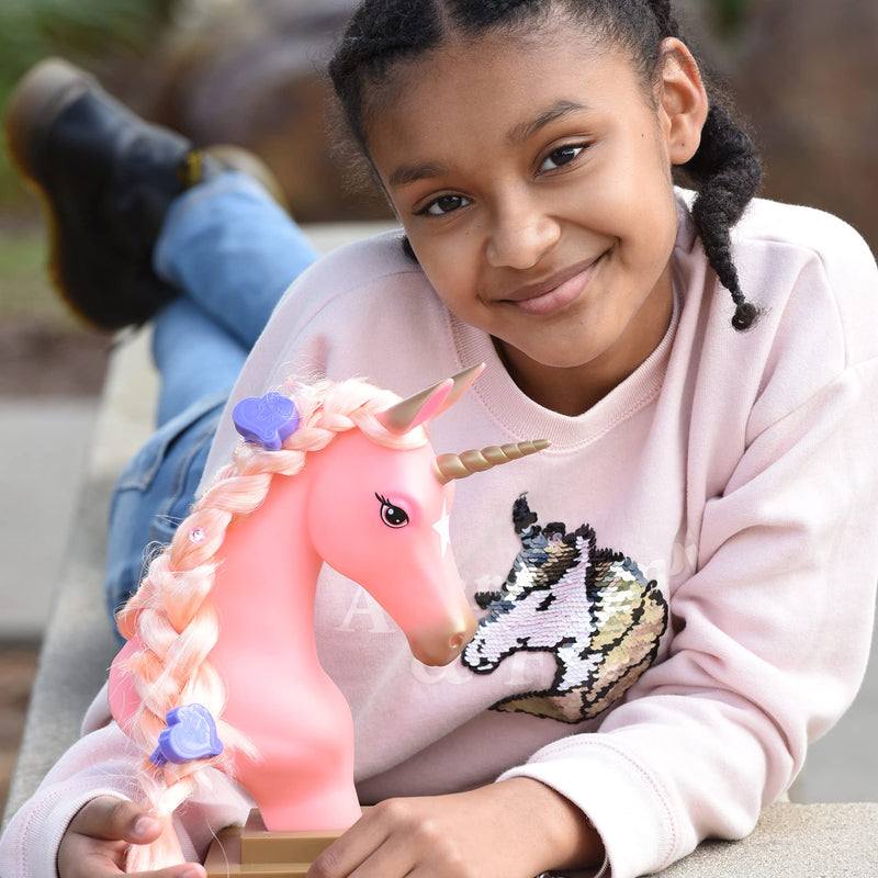 Breyer Horses Mane Beauty Unicorn Styling Head | Stardust | Pink Extra-Long Silky No Tangle Mane | 10" x 4.25" x 4.25" | Styling Book, Brush, Hair Coils, Clips, Elastics | Unicorn Toy | Model