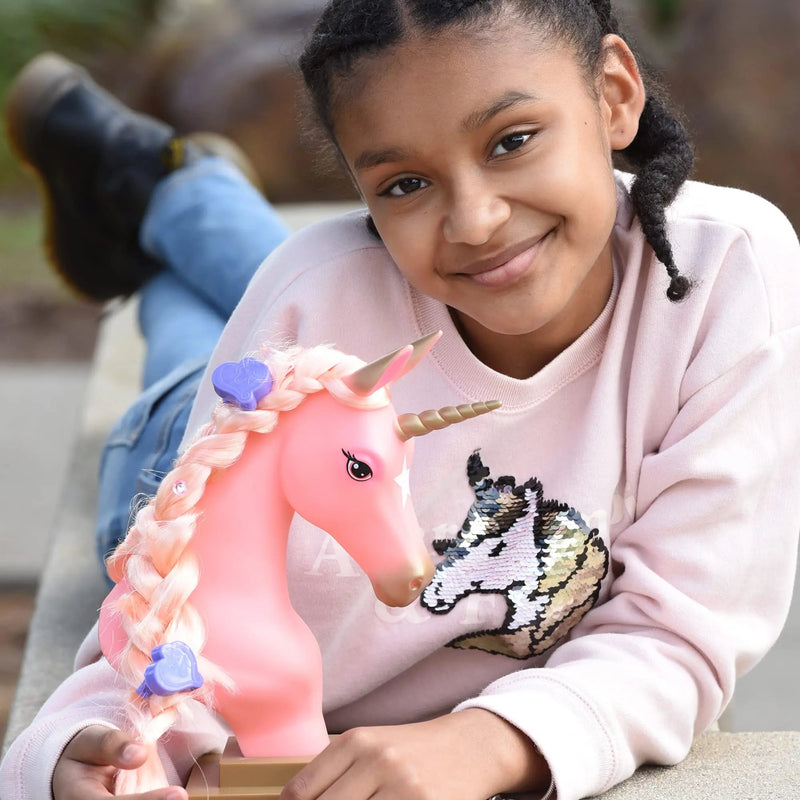 Breyer Horses Mane Beauty Unicorn Styling Head | Stardust | Pink Extra-Long Silky No Tangle Mane | 10" x 4.25" x 4.25" | Styling Book, Brush, Hair Coils, Clips, Elastics | Unicorn Toy | Model