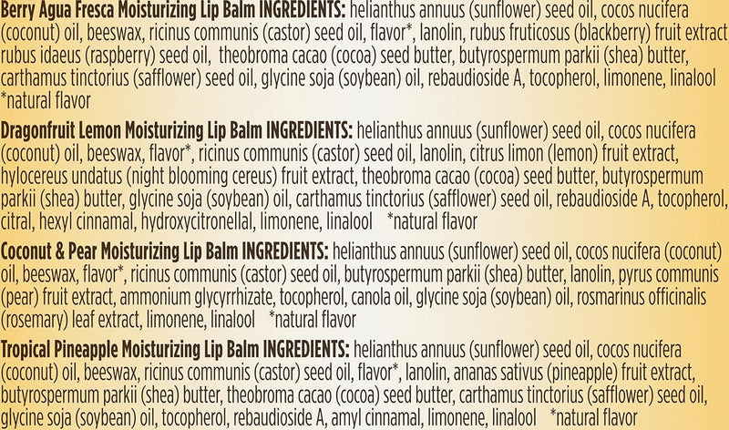 Burt's Bees Lip Balm - Berry Agua Fresca, Dragonfruit Lemon, Coconut & Pear, Tropical Pineapple Pack, With Beeswax, Tint-Free, Natural Origin Lip Treatment, 4 Tubes, 0.15 oz. Infinity Warehouse